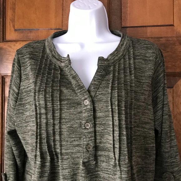 Notations Dark Green Marl V-Neck Henley Pullover w/Tab & Button 3/4 Sleeve PXL - Picture 2 of 11